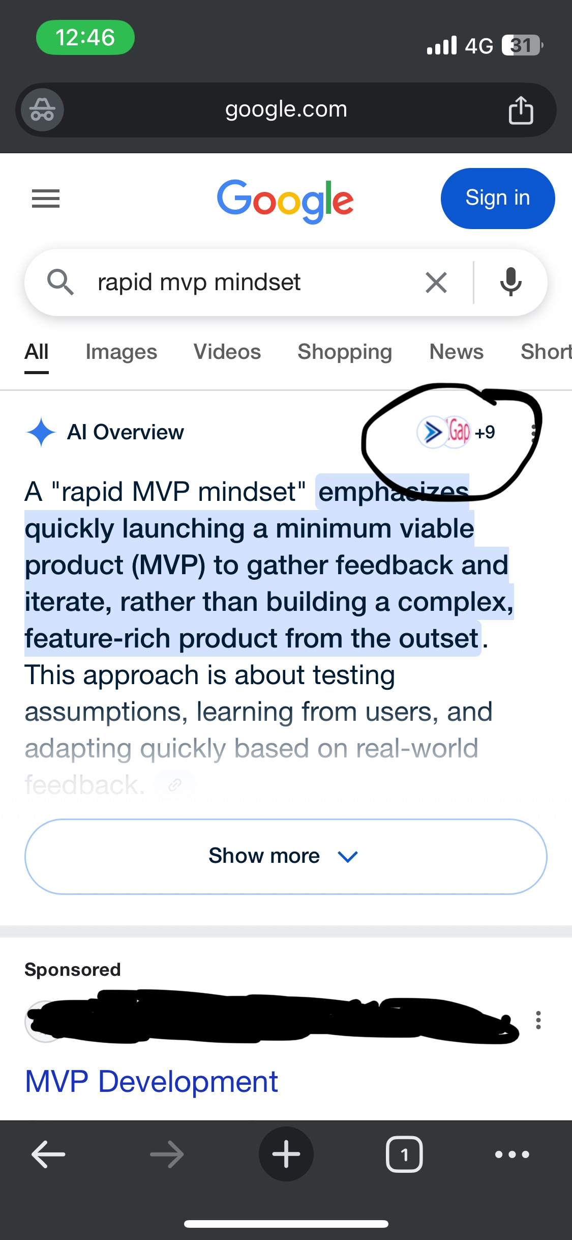 ElGap logo and content featured in Google's AI Overview (SGE) for 'Rapid MVP Mindset' on US mobile search.