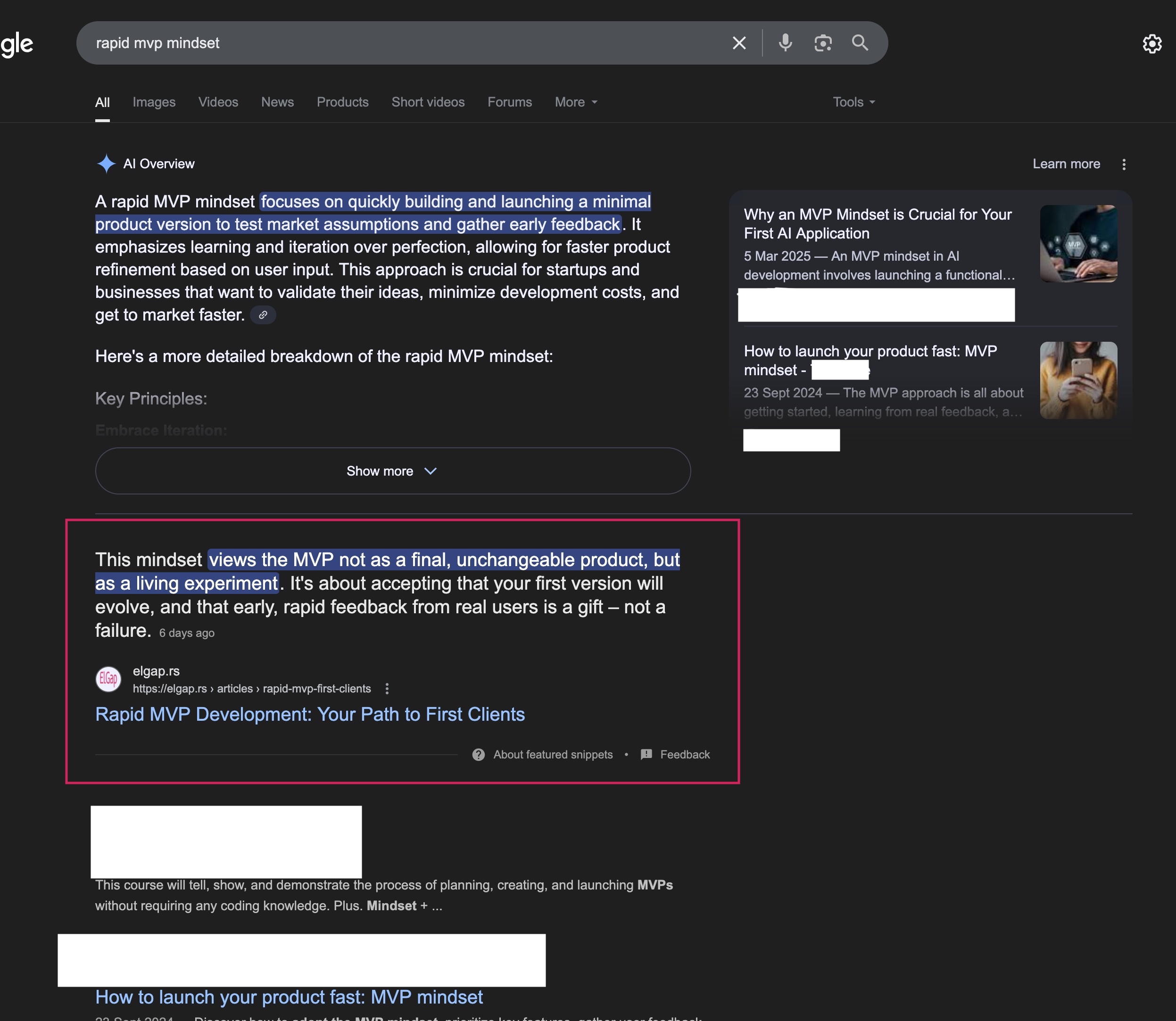 ElGap.rs as Featured Snippet for 'Rapid MVP Mindset' on Google.